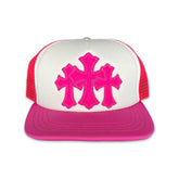 Chrome Hearts Cemetery Triple Cross Trucker Hat Flo Pink